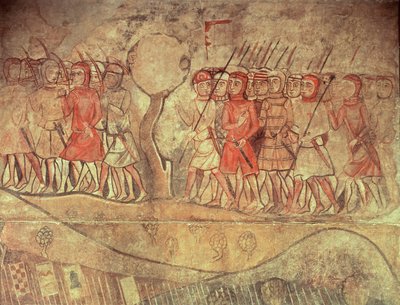 Kral I. James'in (1208-76) ordusundan askerler, yaylı ve mızraklı bir grup piyade, Barselona'daki eski Palacio Reale'den bir duvar resminden detay (duvar resmi) by Spanish School