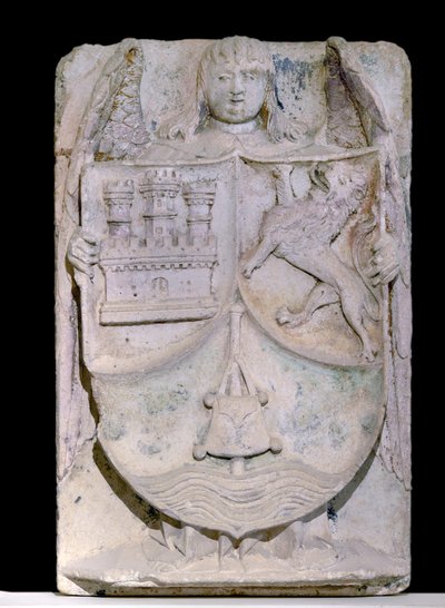 14. yüzyılın İspanyol yaması: Kastilya ve Leon arması, pelerin evoque Saint Jacques de Compostela