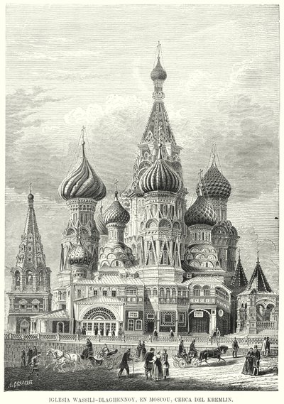 Aziz Basil Katedrali, Kızıl Meydan, Moskova, Rusya (litho) by Spanish School