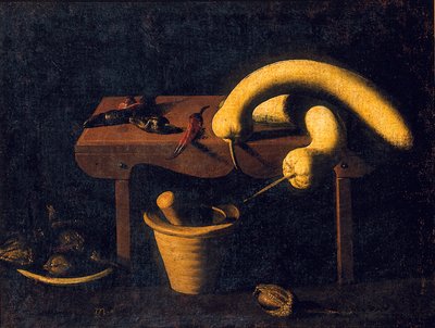 Havan ve havaneli ve ölü kuşlarla bir bankta biber ve balkabağı ile natürmort, c.1620 (tuval üzerine yağlı boya) by Spanish School