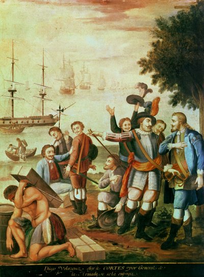 Meksika'nın Fethi: Diego Velasquez de Cuellar (1465-1524) Armada Generali olarak Hernando Cortes'i (1485-1547) Seçti ve Ona Komuta Verdi (tuval üzerine yağlı boya) by Spanish School