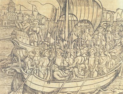 Yeni Dünyanın Keşfi Chrisopher Columbus (1450-1596) tarafından Francisco Lopez de Gomara (d.1510) 1554 (gravür) tarafından 'Hint Adaları ve Yeni Dünya'nın Genel Tarihi'nden çizim by Spanish School