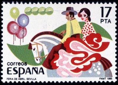 Sevilla Feria: at sırtında halk kostümlü çift - İspanyol damgası by Spanish School