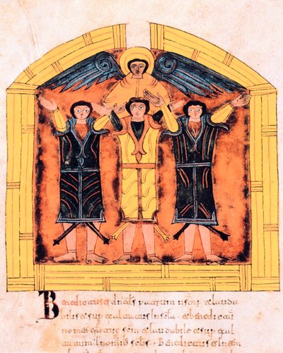 Üç İbrani, Shadrach, Meshach ve Abed-nego, Nebuchadnezzar tarafından fırına atıldı, fol.318v, St. Isidore's'un Vizigot-Mozarabic İncil'inden, MS 960 (tempera on parşömen) by Spanish School
