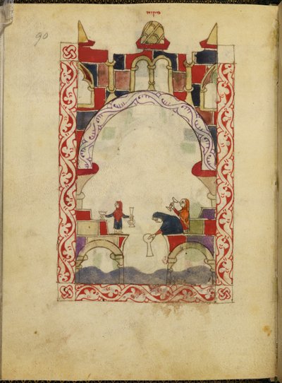 Gemileri bir havuza daldıran üç kadın. Hispano-Moresque Haggadah'ın ışıklı el yazması, c.1300, İspanya, Or. 2737, fol. 90 (parşömen) by Spanish School