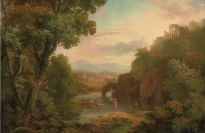 Balıkçılar ve çamaşırcı kadınla klasik bir manzara, tepede bir villa ve ötesinde dağlar by Sr. George Barret