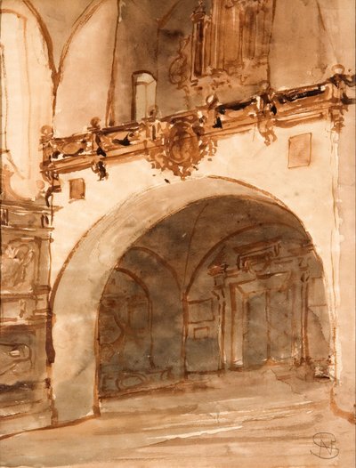 Kilisenin içi. Sundurma ve müzik korosunun görünümü by Stanisław Noakowski