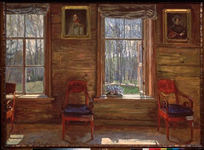 Mutlu Mayıs. (Boyalı portreler ve perdelerle süslenmiş bir kır evinin pencerelerinden güneşli bir ormanın görünümü). Stanislav Yulianovich Zhukovsky (Zhukovsky) (1873-1944) tarafından tablo, tuval üzerine yağlı boya by Stanislav Joulianovitch Joukovski