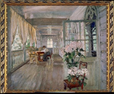 Bir malikanenin terası. Stanislav Yulianovich Zhukovsky'nin (Zhukovsky) (1873-1944) tablosu, tuval üzerine yağlı boya. Rus sanatı by Stanislav Joulianovitch Joukovski