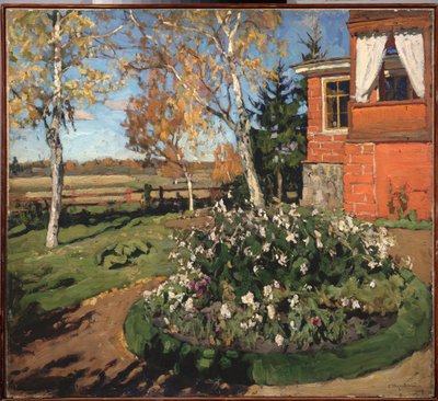 Bir çiçek yatağı. (Bir evin ve bir kır manzarasının önünde). Stanislav Yulianovich Zhukovsky (Zhukovsky) (1873-1944) tarafından tablo, tuval üzerine yağlı boya by Stanislav Joulianovitch Joukovski