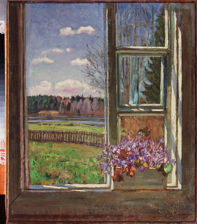 Pencerenin önünde menekşeler. Stanislav Yulianovich Zhukovsky (Zhukovsky) (1873-1944), tuval üzerine yağlı boya 1931. Rus sanatı, 20. yüzyıl, modern sanat. Devlet Sanat Müzesi, Dnepropetrovsk (Ukrayna). by Stanislav Joulianovitch Joukovski