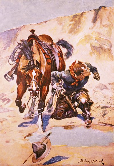 Kızılderililer tarafından takip edilen kovboy. by Stanley L. Wood