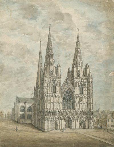 Lichfield Katedrali - Batı Cephesi: suluboya resim, nd [1762-1802] by Stebbing Shaw