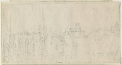 Tutbury Kilisesi ve Kalesi - Kuzey Doğu Görünümü: karakalem, nd [1762-1802] (çizim) by Stebbing Shaw