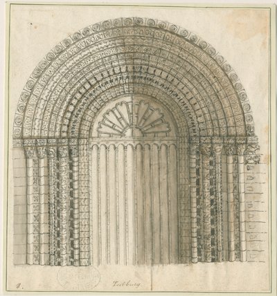 Tutbury Manastırı Kilisesi - Batı Kapısındaki Kemer: kalem ve sepya çizimi, nd [1762-1802] (baskı) by Stebbing Shaw