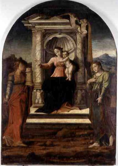 Madonna, St. Barbara ve St. Lucia ile Enthroned (panelde yağlı boya) by Stefano Giordano