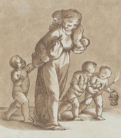 Genç bir kız omzunda bir bebekle sola doğru yürüyor ve elinde başka bir şey tutuyor..., yakl. 1780. by Stefano Mulinari