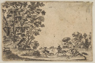 Levha 4: bir geyik avı, üç köpeğin arkasında sağa doğru dörtnala koşan iki atlı ve ..., 1642