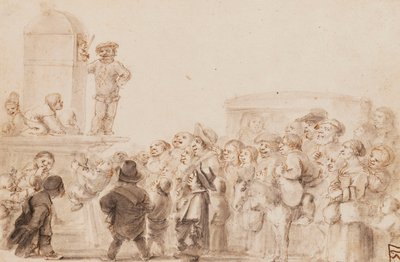 Arka planda bir araba ile bir Kukla gösterisi izleyen bir Cüce Grubu by Stefano della Bella