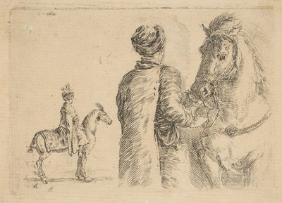 Arkadan bir atı dizginlerinden tutan Polonyalı bir damat, yakl. 1662. by Stefano della Bella