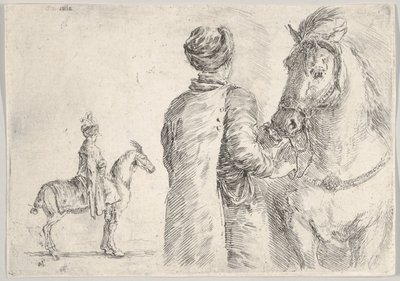 Sağda bir atın dizginini tutan Polonyalı bir uşak, arkadan görüldü, Polonyalı bir hor..., yakl. 1662. by Stefano della Bella