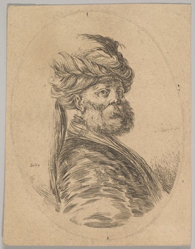 Önünde uzun bir tüy olan sakallı ve sarıklı bir Türk, dörtte üç yaşına girdi..., 1650. by Stefano della Bella