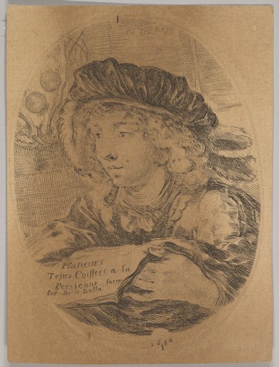 Tüylü bir şapka takan genç bir adamın büstü, dörtte üçü sola döndü, ..., 1650. by Stefano della Bella