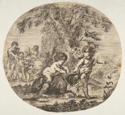 Bir keçi ile oynayan bir çocuk ve bir satir çocuk, yaklaşık. 1657. by Stefano della Bella