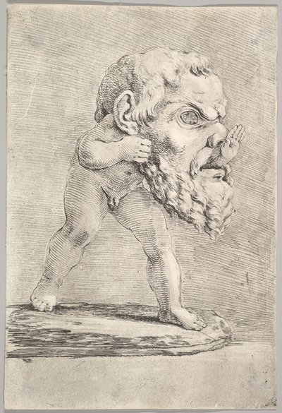 Büyük bir maske takan ve elini ağzından sokan bir çocuk, yakl. 1660. by Stefano della Bella