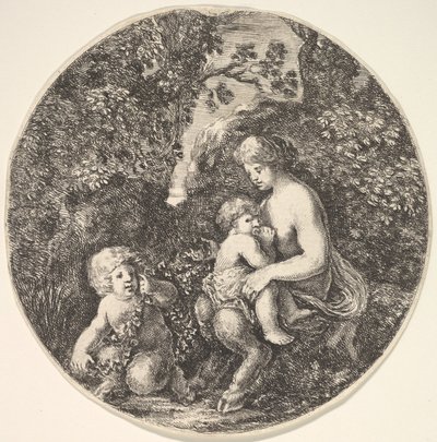 Sağda bir çocuğu emziren bir kadın satir, sola dönük bir satir çocuğu..., 1639. by Stefano della Bella