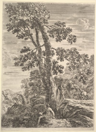 Ortada, yüzü sola dönük ve büyük bir ağaca yaslanmış bir balıkçı, yürüyen bir kadın..., yakl. 1652-57. by Stefano della Bella