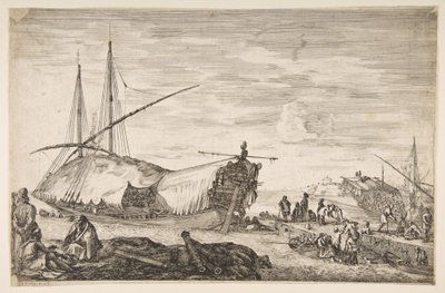 Yelkenlerle kaplı bir kadırga sola, altı top ve dört kişi sola, bir ..., 1655. by Stefano della Bella