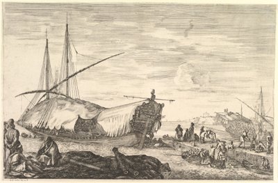 Sola yelkenlerle kaplı bir kadırga, ön planda sola altı top ve dört kişi..., ca. 1652-57. by Stefano della Bella