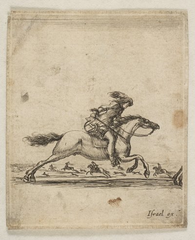 Sağa doğru dört nala koşan elinde kılıcı olan bir süvari, dört nala koşan diğer atlılar..., ca. 1645-46. by Stefano della Bella