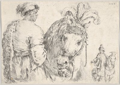 Profilde solda bir adam merkezdeki bir ata bir avuç saman veriyor, bir atlı da t..., yakl. 1662. by Stefano della Bella