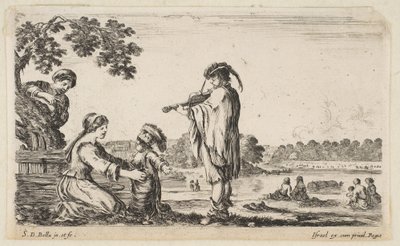 Ortada keman çalan bir adam, profilde sola doğru döndü, oturan bir kadın ..., 1649. by Stefano della Bella