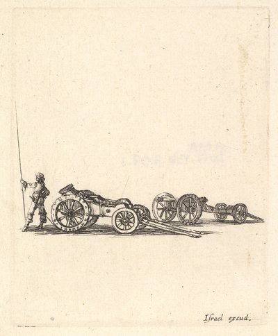 Her ikisi de arabalara monte edilmiş bir havan ve top, arkadan gösterilen bir asker..., ca. 1638-43. by Stefano della Bella