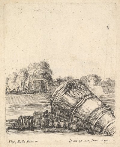 Sağda yerde duran vagonu olmayan bir havan, top ateşleyen askerler..., ca. 1638-43. by Stefano della Bella