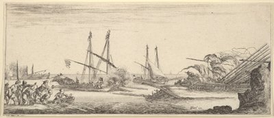 Bir deniz savaşı, adamlarla dolu bir kayık sola, batan bir gemi sağa, iki kadırga ba..., yakl. 1641. by Stefano della Bella
