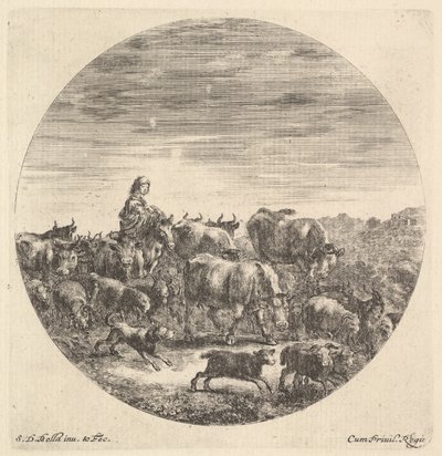 Bir at üzerinde oturan, sola bakan, sağa bakan, etrafı bir fc sürüsü ile çevrili bir köylü kadın..., ca. 1643-48. by Stefano della Bella