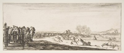 Sola atlı top arabaları, savaşta atlılar ve ölü bir ho..., ca. 1641. by Stefano della Bella