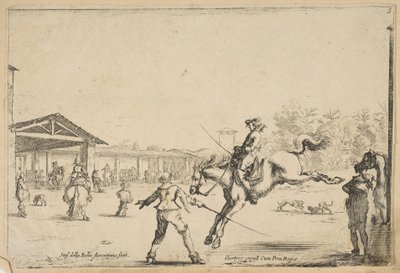 Bir binicilik okulu, kılıcı olan başka bir adam tarafından yönetilen kılıçla zıplayan bir süvari..., ca. 1645. by Stefano della Bella