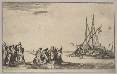 Ortada adamlarla dolu bir kayık, solda kıyıda duran bir grup adam, bir gemi dolusu ..., 1639. by Stefano della Bella