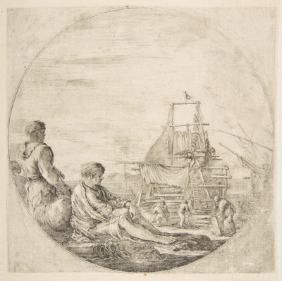Oturan beyaz bir denizci ve ayakta duran bir siyah denizci, arkada bir gemi inşa eden insanlar..., ca. 1660. by Stefano della Bella