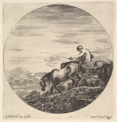 Sağda bir çoban, yüzü sola dönük, bir grup hayvanı yokuş aşağı sürüyor, yuvarlak bir araç..., yakl. 1643-48. by Stefano della Bella