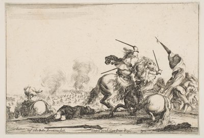 Bir çarpışma, sağda kılıçlarla savaşan iki atlı, bayrak taşıyan adamlar..., ca. 1645. by Stefano della Bella