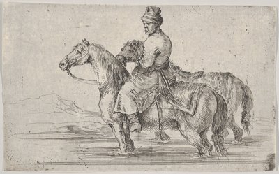 Bir nehirde bir atın üstünde, diğerinin yanında oturan iki atı yıkanan bir uşak..., ca. 1662. by Stefano della Bella