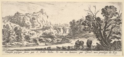 Arka planda dağlardan inen bir şelale, çeşitli hayvanlar ve..., ca. 1641. by Stefano della Bella