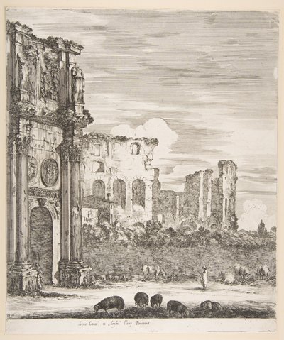 Konstantin ve Kolezyum Kemeri, ön planda otlayan koyunlarla, Altı büyük görünümden..., 1656. by Stefano della Bella