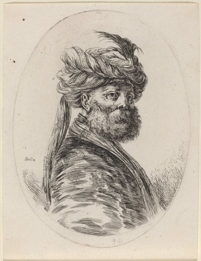 Peçeli Tüylü Türbanlı Sakallı Moor, Sağa Döndü, 16491650. by Stefano della Bella